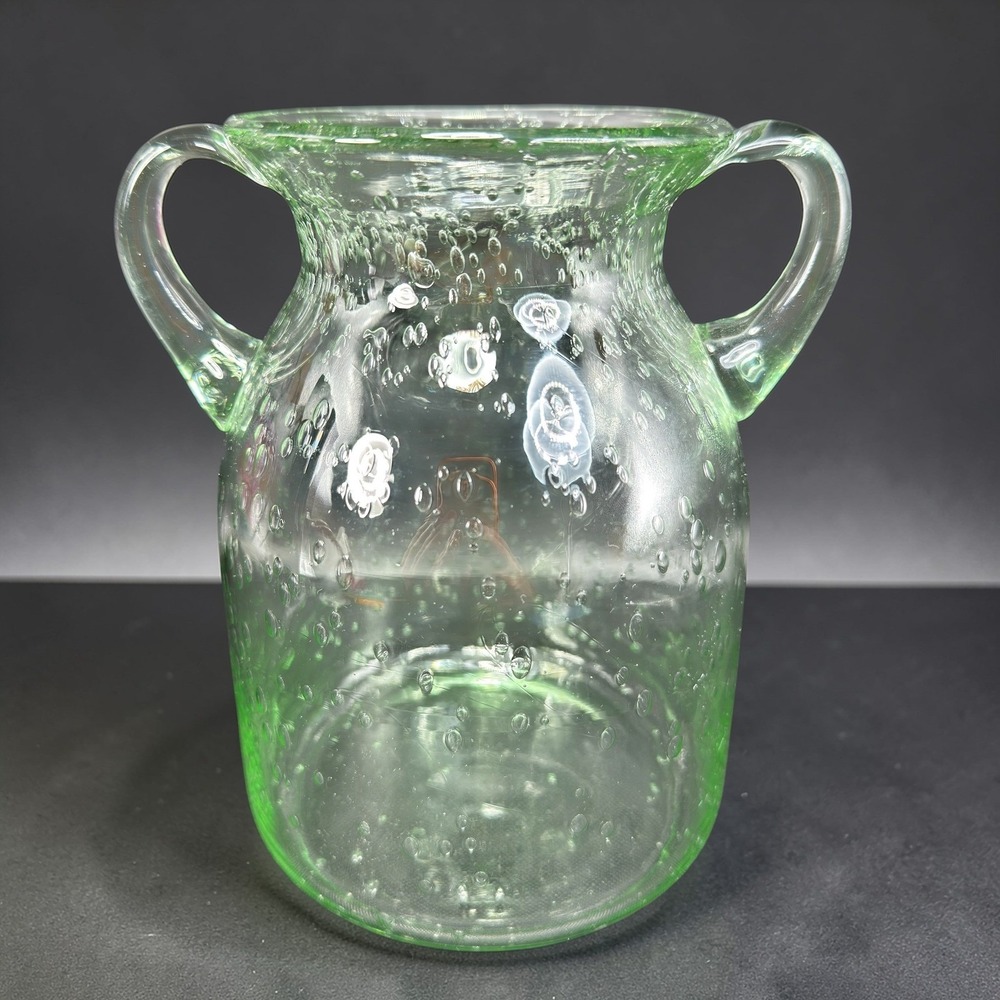 Vintage Green Seeded Bubble Glass Vase with Handles Rustic Farmhouse Decor